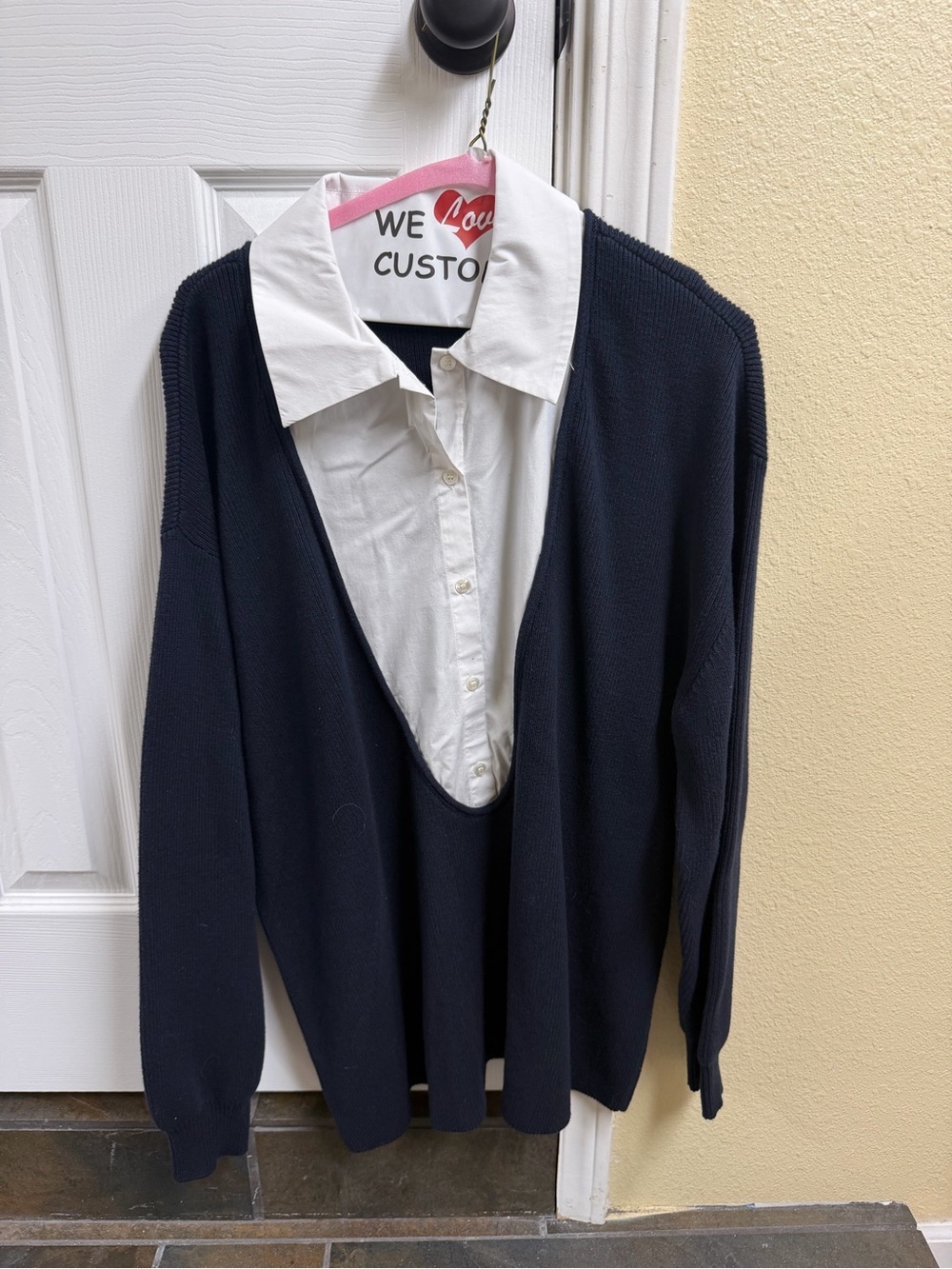 STAUD Navy V-Neck Sweater with Built-In White Collar